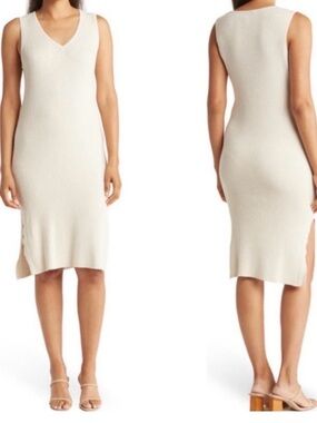 Magaschoni sleeveless beige ribbed knit midi dress with side vents size Large